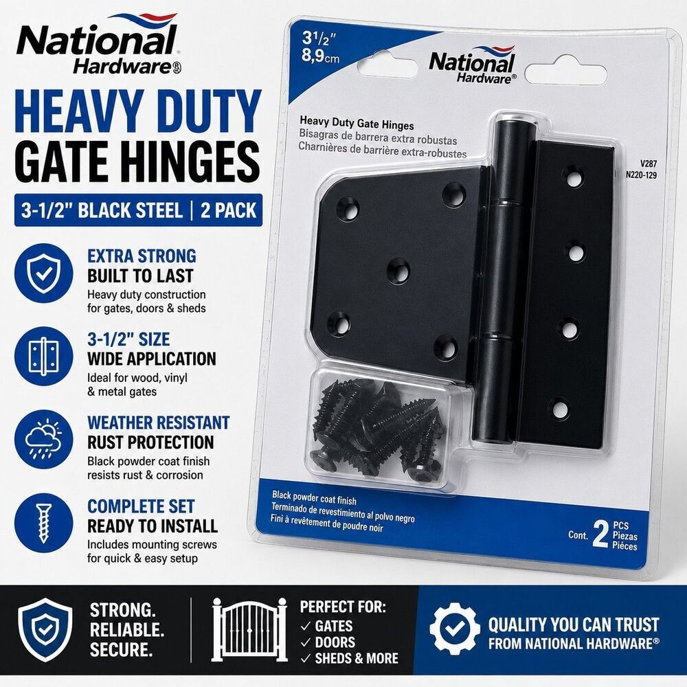 National Hardware V287 N220-129 Heavy Duty Gate Hinges 3-1/2" Black Steel 2 Pack